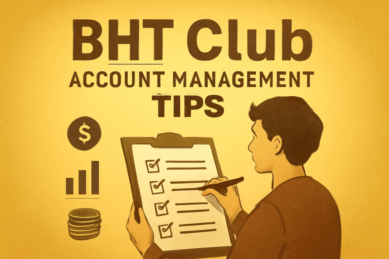 An informative graphic depicting BHT Club Account Management Tips in a professional style.